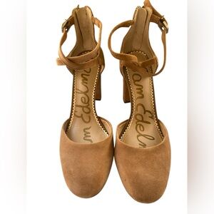 Sam Edelman Suede Ankle-Strap Block Heels in Tan
